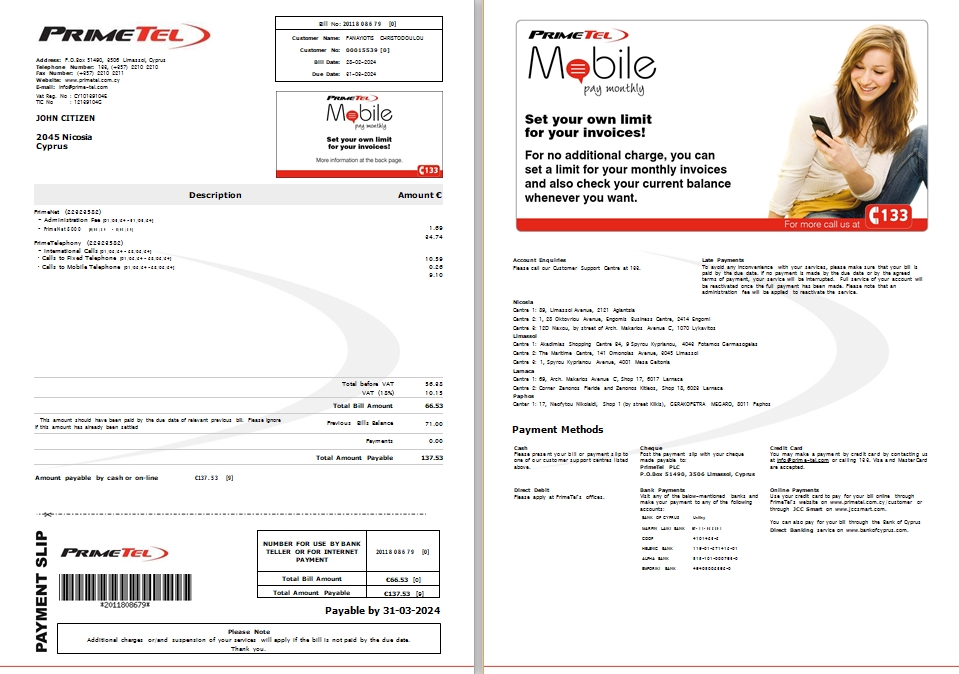 Cyprus Primetel utility bill, 2 pages